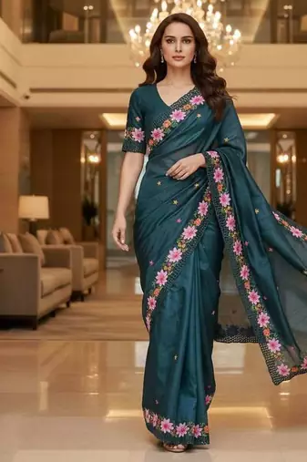 Teal manipuri silk embroidered thread work heavy look ethnic saree with blouse