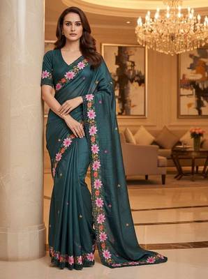 Teal manipuri silk embroidered thread work heavy look ethnic saree with blouse 4