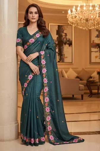 Teal manipuri silk embroidered thread work heavy look ethnic saree with blouse