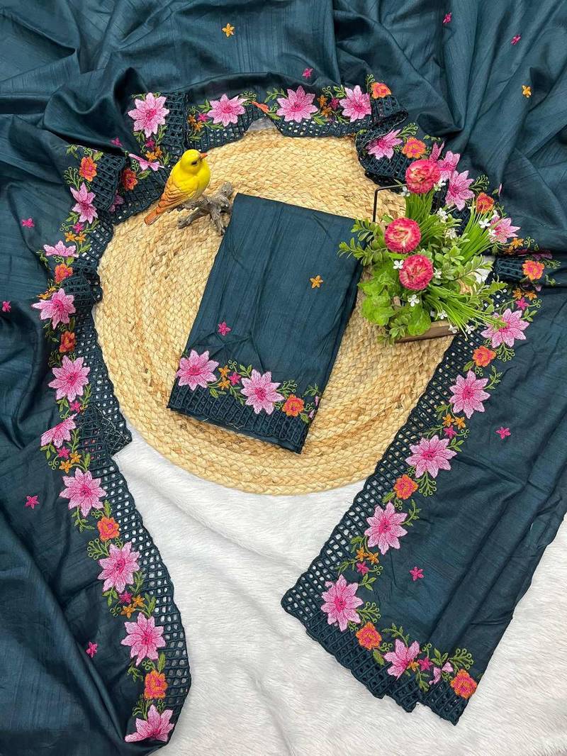Teal manipuri silk embroidered thread work heavy look ethnic saree with blouse