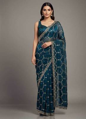 Blue chiffon embroidered zari work heavy look ethnic saree with blouse 1
