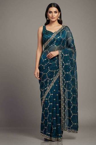 Blue chiffon embroidered zari work heavy look ethnic saree with blouse