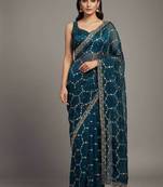 Blue chiffon embroidered zari work heavy look ethnic saree with blouse