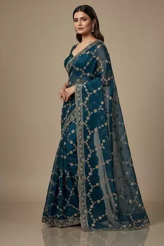 Blue chiffon embroidered zari work heavy look ethnic saree with blouse