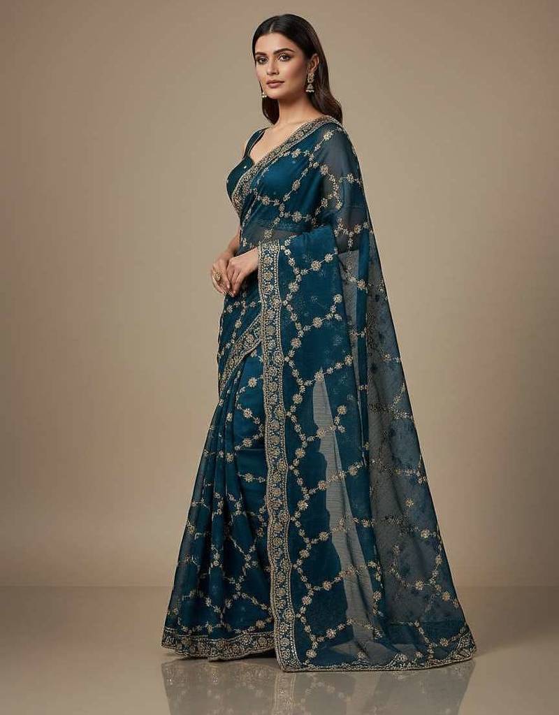 Blue chiffon embroidered zari work heavy look ethnic saree with blouse