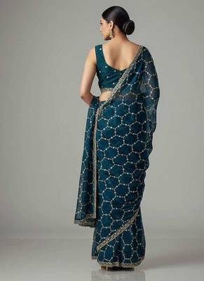 Blue chiffon embroidered zari work heavy look ethnic saree with blouse 3