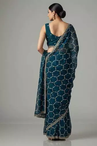 Blue chiffon embroidered zari work heavy look ethnic saree with blouse