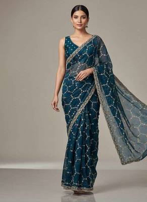 Blue chiffon embroidered zari work heavy look ethnic saree with blouse 4