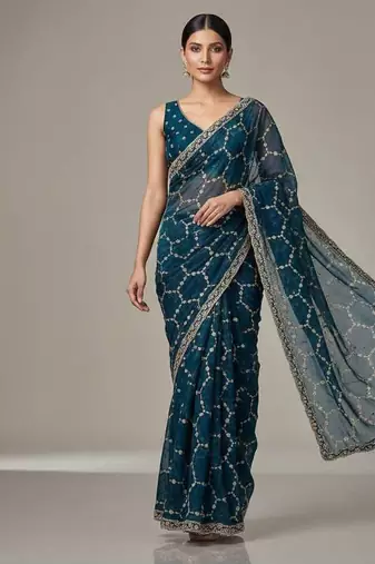Blue chiffon embroidered zari work heavy look ethnic saree with blouse