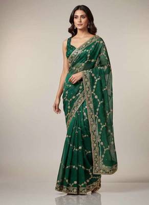 Green chiffon embroidered zari work heavy look ethnic saree with blouse 1