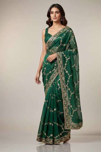 Green chiffon embroidered zari work heavy look ethnic saree with blouse