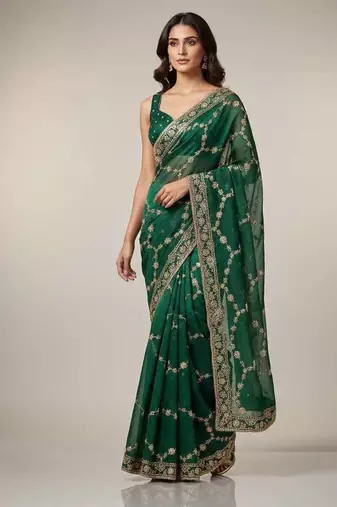 Green chiffon embroidered zari work heavy look ethnic saree with blouse