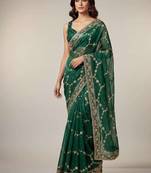 Green chiffon embroidered zari work heavy look ethnic saree with blouse