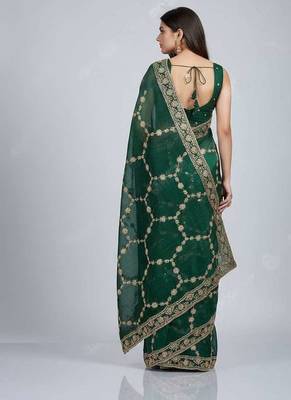 Green chiffon embroidered zari work heavy look ethnic saree with blouse 2