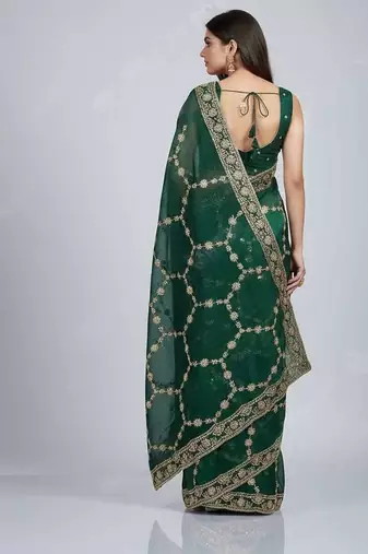 Green chiffon embroidered zari work heavy look ethnic saree with blouse