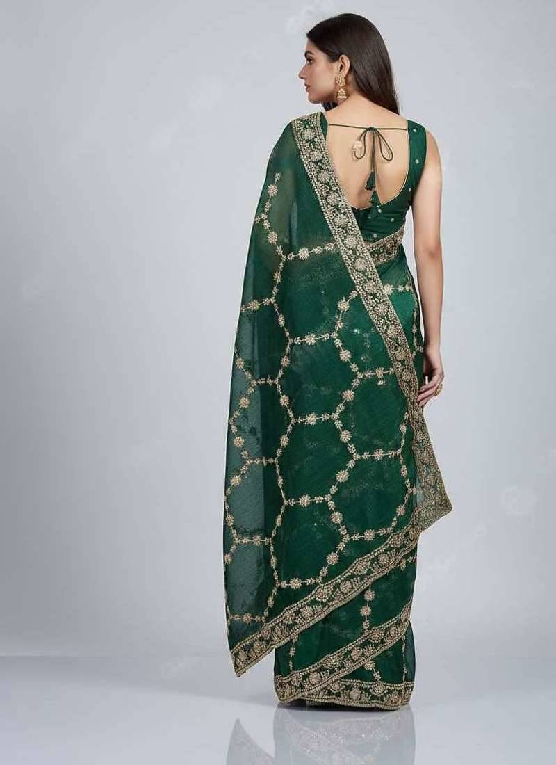 Green chiffon embroidered zari work heavy look ethnic saree with blouse