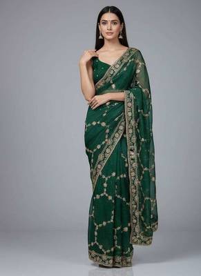 Green chiffon embroidered zari work heavy look ethnic saree with blouse 3
