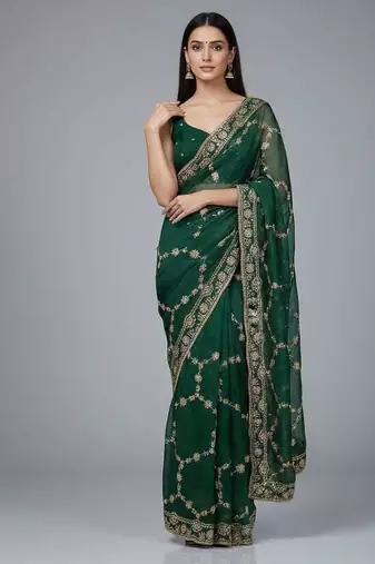Green chiffon embroidered zari work heavy look ethnic saree with blouse