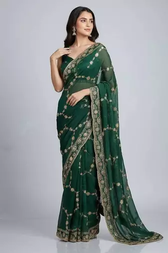 Green chiffon embroidered zari work heavy look ethnic saree with blouse