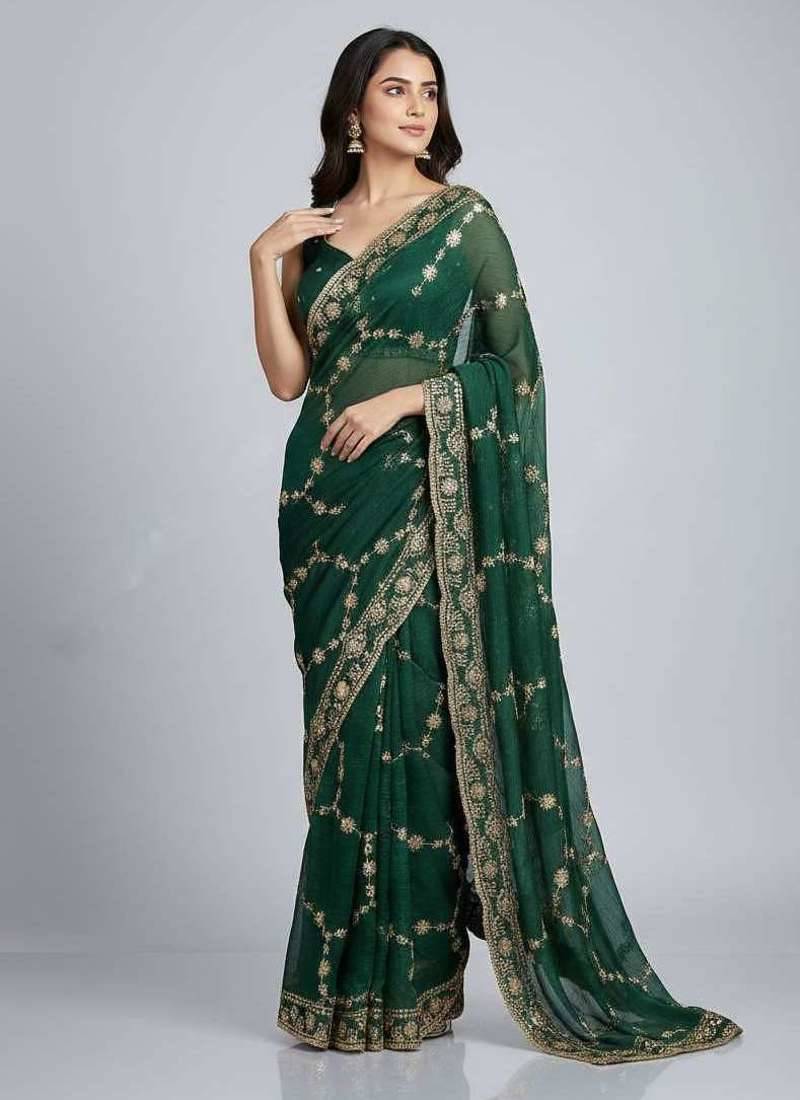 Green chiffon embroidered zari work heavy look ethnic saree with blouse