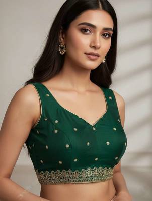 Green chiffon embroidered zari work heavy look ethnic saree with blouse 5