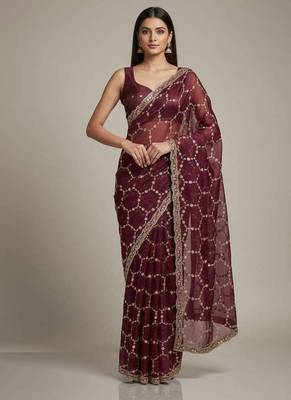 Maroon chiffon embroidered zari work heavy look ethnic saree with blouse 1