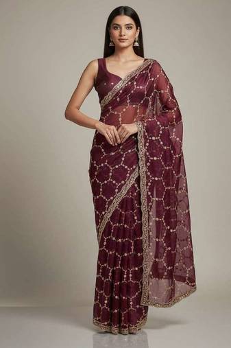 Maroon chiffon embroidered zari work heavy look ethnic saree with blouse