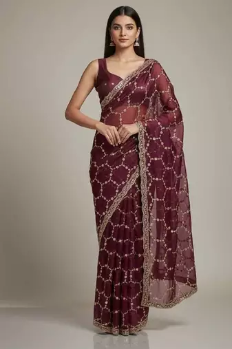 Maroon chiffon embroidered zari work heavy look ethnic saree with blouse