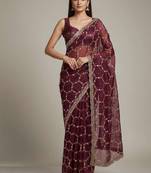Maroon chiffon embroidered zari work heavy look ethnic saree with blouse