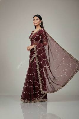 Maroon chiffon embroidered zari work heavy look ethnic saree with blouse 2