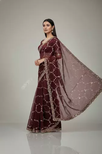 Maroon chiffon embroidered zari work heavy look ethnic saree with blouse