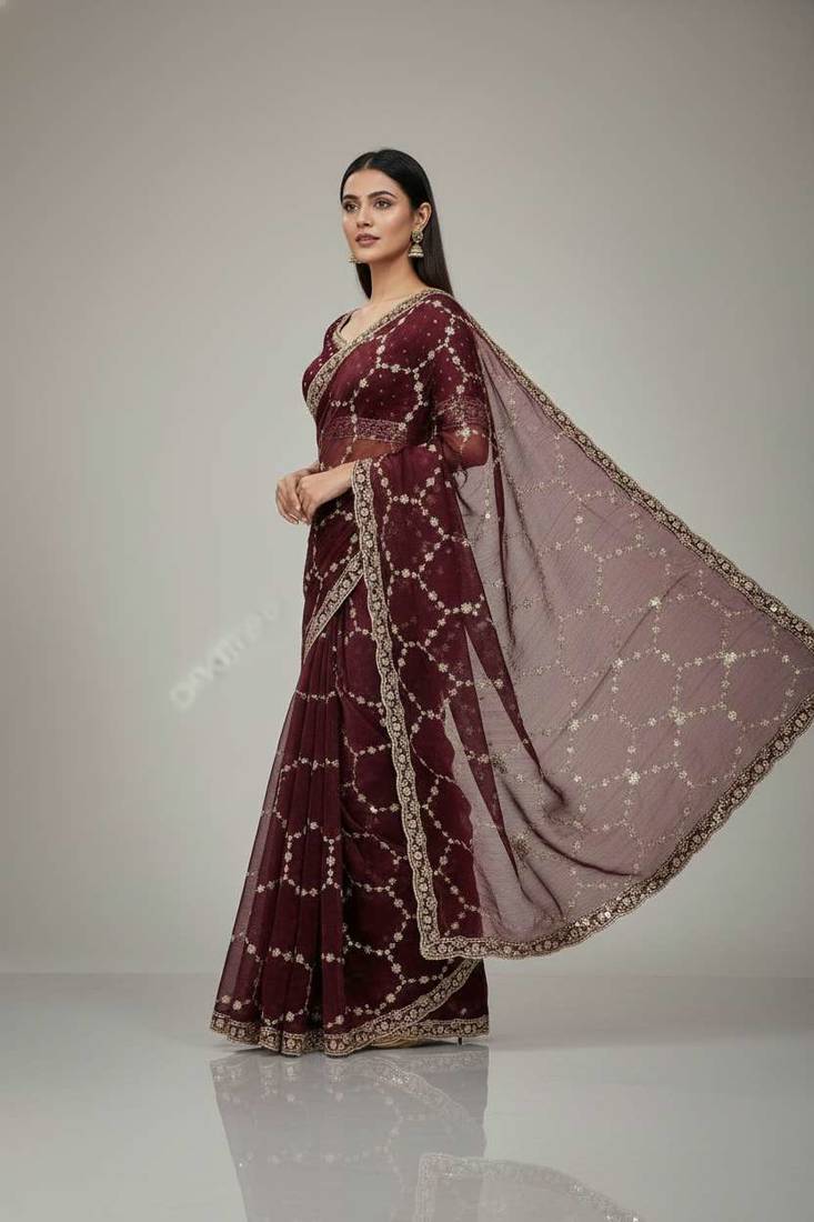 Maroon chiffon embroidered zari work heavy look ethnic saree with blouse