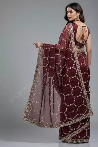 Maroon chiffon embroidered zari work heavy look ethnic saree with blouse