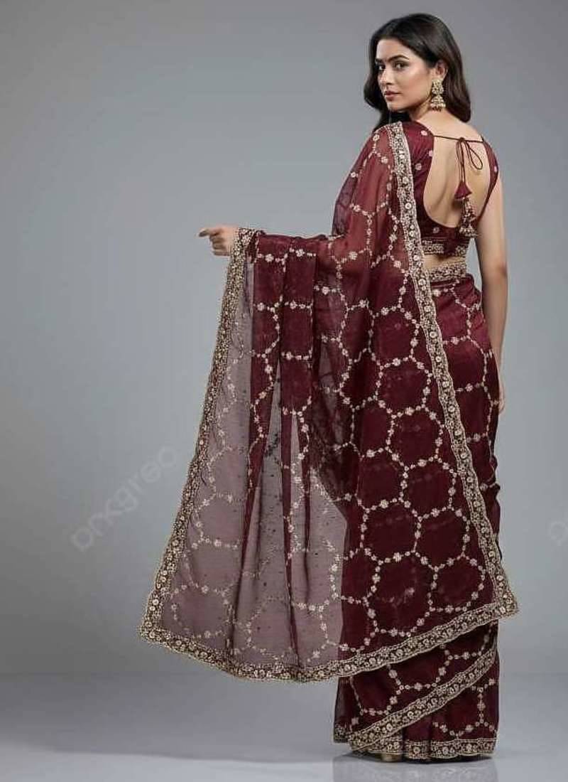 Maroon chiffon embroidered zari work heavy look ethnic saree with blouse