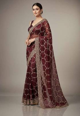 Maroon chiffon embroidered zari work heavy look ethnic saree with blouse 4
