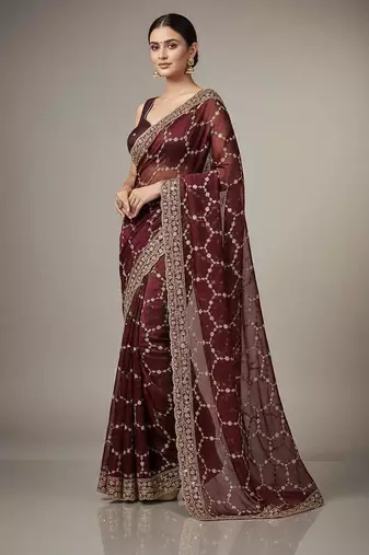 Maroon chiffon embroidered zari work heavy look ethnic saree with blouse