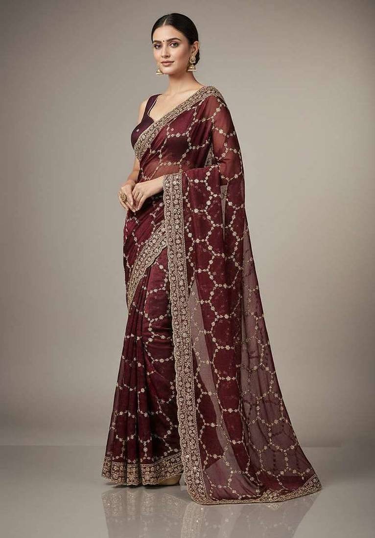 Maroon chiffon embroidered zari work heavy look ethnic saree with blouse