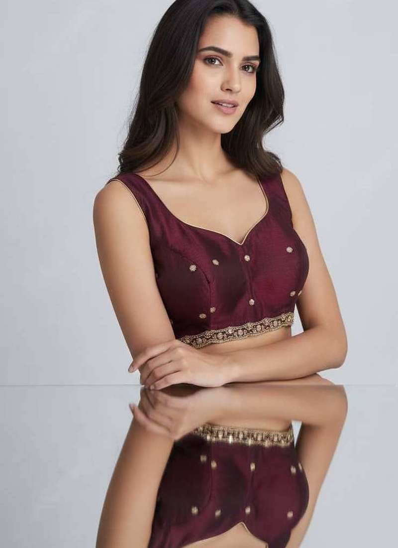 Maroon chiffon embroidered zari work heavy look ethnic saree with blouse