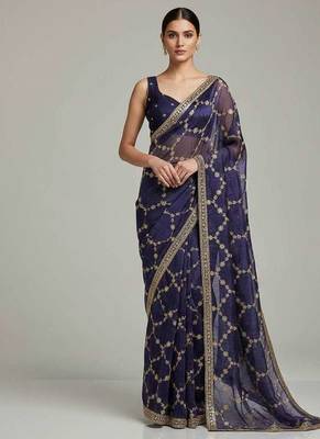 Purple chiffon embroidered zari work heavy look ethnic saree with blouse 1
