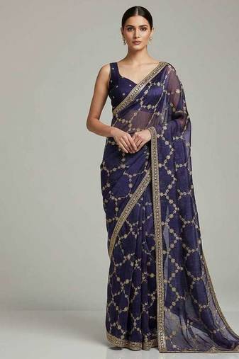 Purple chiffon embroidered zari work heavy look ethnic saree with blouse
