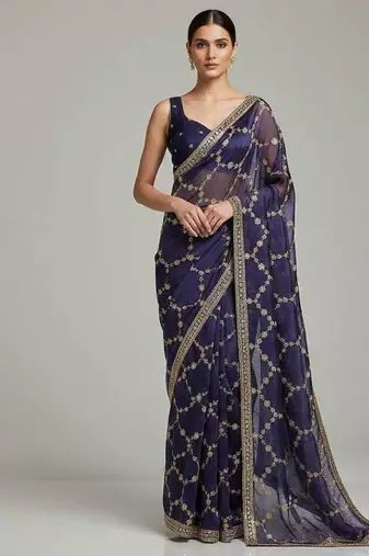 Purple chiffon embroidered zari work heavy look ethnic saree with blouse