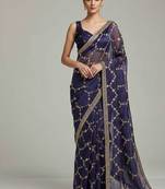 Purple chiffon embroidered zari work heavy look ethnic saree with blouse