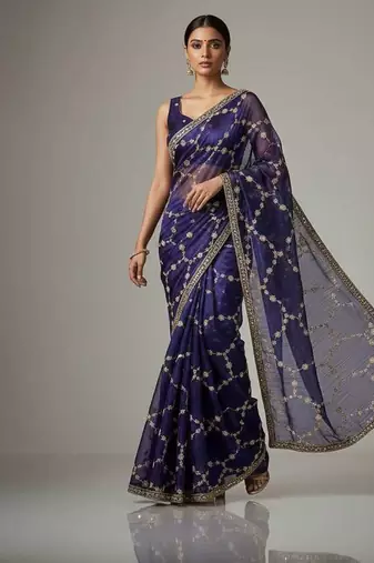Purple chiffon embroidered zari work heavy look ethnic saree with blouse