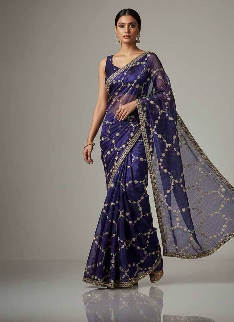 Purple chiffon embroidered zari work heavy look ethnic saree with blouse