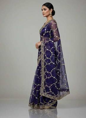 Purple chiffon embroidered zari work heavy look ethnic saree with blouse 3