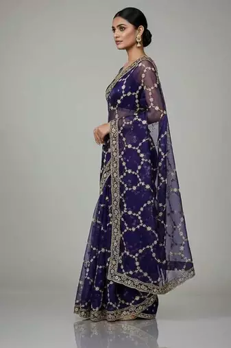 Purple chiffon embroidered zari work heavy look ethnic saree with blouse