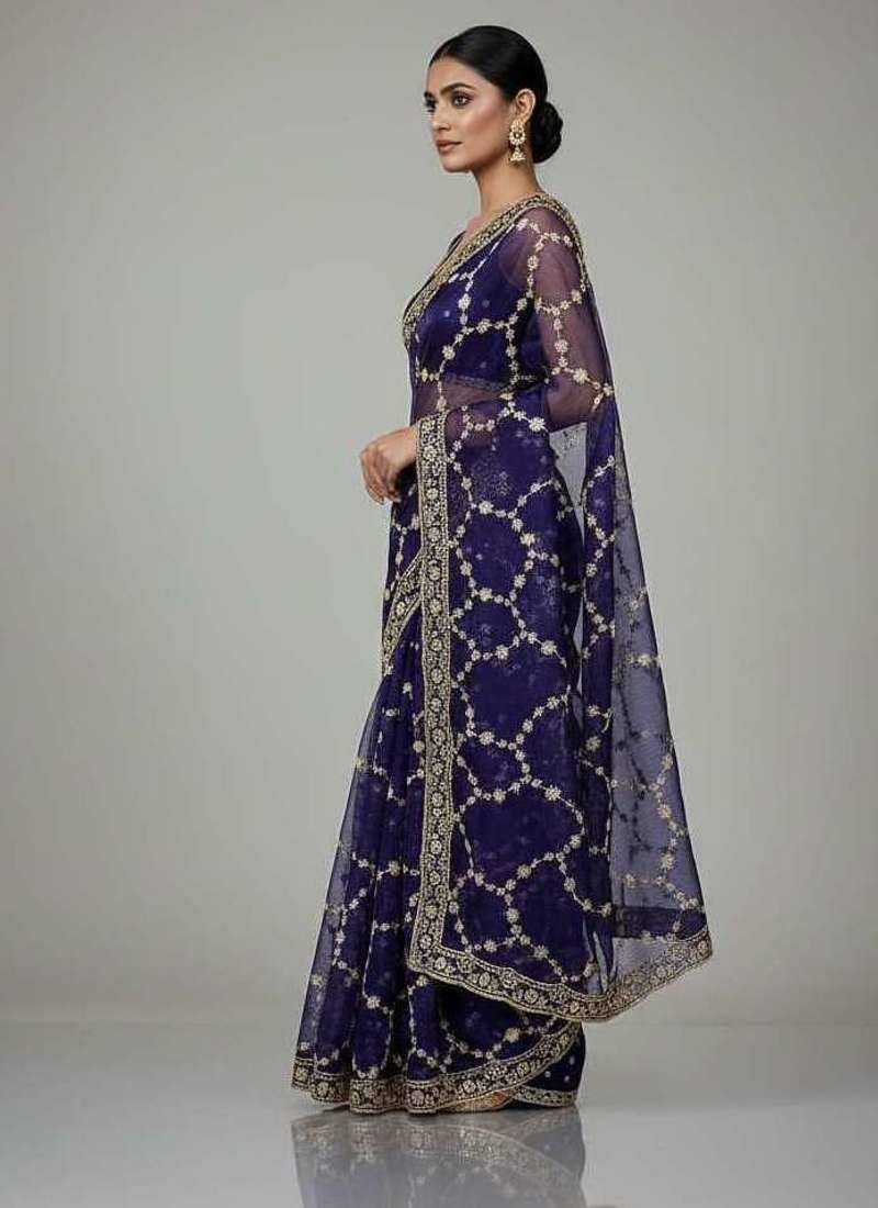 Purple chiffon embroidered zari work heavy look ethnic saree with blouse