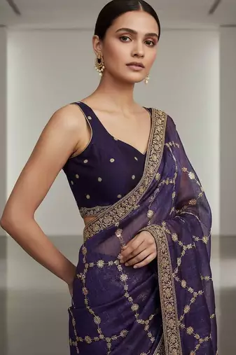 Purple chiffon embroidered zari work heavy look ethnic saree with blouse