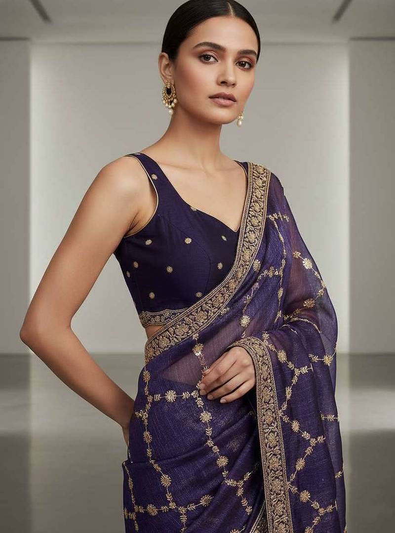Purple chiffon embroidered zari work heavy look ethnic saree with blouse