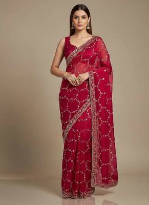 Red chiffon embroidered zari work heavy look ethnic saree with blouse 1